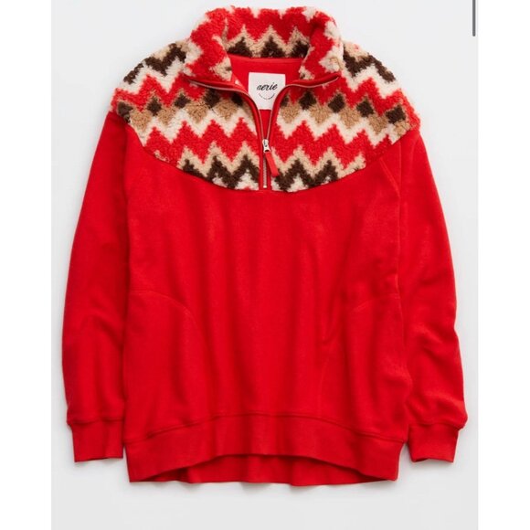 Aerie Hometown Holiday 1/4 Zip Sweatshirt Womens L Oversized Sherpa Fleece Red - Picture 3 of 9